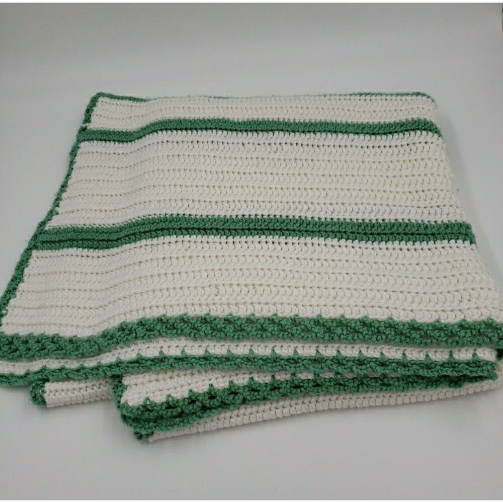 Handmade Crochet Blanket White Green Throw 65x35 Lapghan Knit Gift Cozy Baby